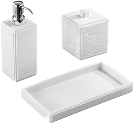 Nicole Miller - Accessory Set, 3-Piece Resin Lotion Pump, Covered Jar & Vanity Tray, Modern Bathroom Decor, Dorm Room Essentials (Zen Collection, White)