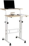 Mind Reader Standing Desk, Adjustable Height Laptop Workstation, Portable Rolling Desk on Wheels, Two-Tier Metal Frame, White
