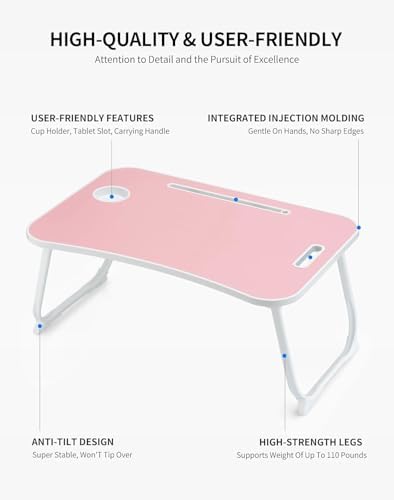 ZEAPTAC Laptop Bed Desk, Foldable Lap Desk, Portable Lap Table, Laptop Stand with Cup Holder, Tablet Slot & Lifting Handle for Work, Write, Draw & Eat on Bed, Sofa or Couch - Pink