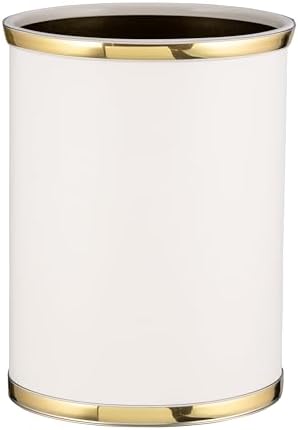 Kraftware 50274 Sophisticates W/Polished 14" Oval Waste Basket Wastebasket, White with Brass