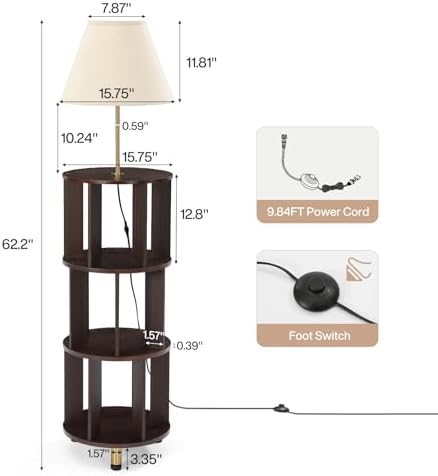 Tribesigns Floor Lamp with 3-Tier Open Bookshelf, 62.2" Tall Standing Lamp with Wood Storage Shelf, Dark Brown Floor Lamp with Linen Shade & Foot Switch for Living Room, Bedroom, Home Office