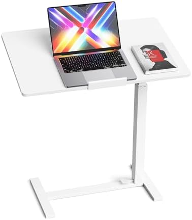 Mobile Standing Desk Adjustable Overbed Table, Pneumatic Height Adjustable Rolling Laptop Desk with Hidden Wheels, 0-180°Tilt Top Rolling Computer Cart Foldable for Home Office, Craft & Study, White