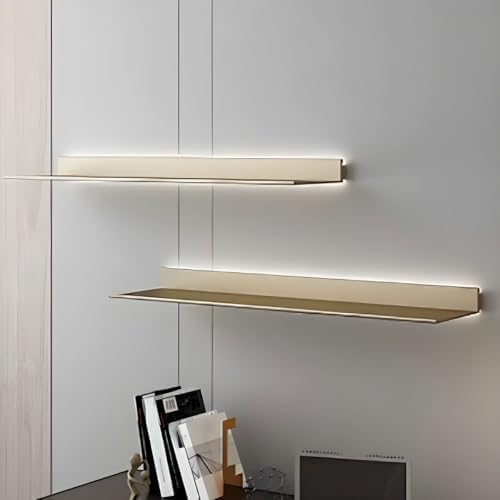 Modern Metal Bookcase Wall Mounted Floating Bookshelf Aluminum Alloy Storage Shelf, Display L-shaped Bookshelf Wall-mounted Rack (Without Lights) Partition Shelf Gold 19.7"L x 9.1"W x 2.9"H