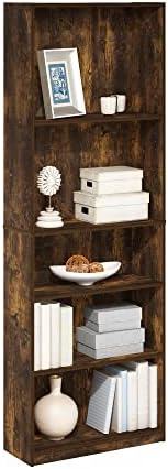 Furinno JAYA Book Shelf, 5-Tier Bookshelf, Bookcase with Adjustable Shelves, 9.5" x 24.5" x 71.2", for Organization and Storage, for Living Room, Bedroom, Home Office, Amber Pine