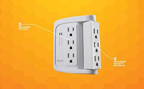 Southwire Woods 6 Space Saver Swivel Wall Tap - 3 Rotating Outlets - 500J Appliance Surge Protector - cULus Listed - White