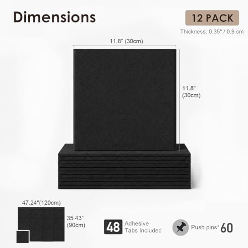 SIOLOC Felt Bulletin Board Tiles, 12 Pack Black Cork Board Alternative for Walls, Large Felt Wall Tiles, 48 x 36 in Oversized Wall Organizer for Home Office Classroom Dorm
