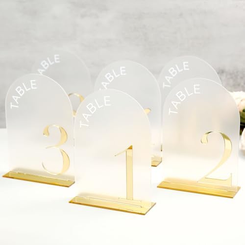 Frosted Arch Wedding Table Numbers 1-20, Gold Numbers and Stands