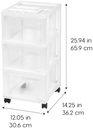 IRIS USA 3-Drawer Rolling Storage Cart, White/Clear