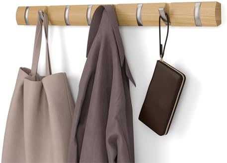 Umbra Flip Coat Rack, Wall Mount 8-Hook, Space Saving, Natural/Nickel