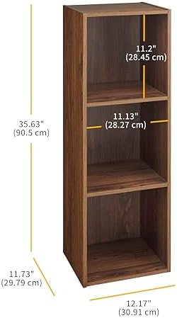 Whitmor 3 Cube Bookcase Storage Organizer, 3 Tier Stackable MDF Bookshelf, Open Storage Display Bookshelf, Storage Cabinet for Living Room, Bedroom, Home, Office, 12.2" L x 11.7" W x 35.6" H, Walnut