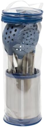 Glad Kitchen Utensils Set, 8pcs - Nonstick Cooking Tools with Stainless Steel Handles & Rotating Utensil Holder - Turners, Ladle, Spoon, Tongs, Spaghetti Server, and Skimmer - Dishwasher Safe, Blue