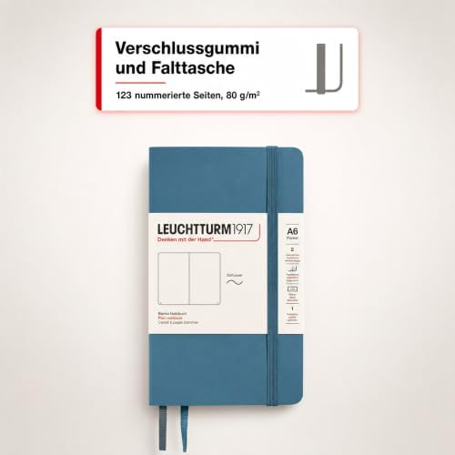 LEUCHTTURM1917 - Notebook Softcover Pocket A6-123 Numbered Pages for Writing and Journaling (Plain, Stone Blue)