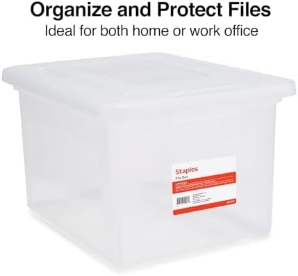 STAPLES Plastic File Box with Snap Lid, Letter/Legal Size, Clear, 2/Pack | Stackable storage box keeps hanging files organized and protected.