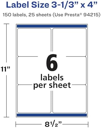 Avery® Matte White Rectangle Labels, Sure Feed® Technology, 3-1/3" x 4", 150 Matte White Printable Labels