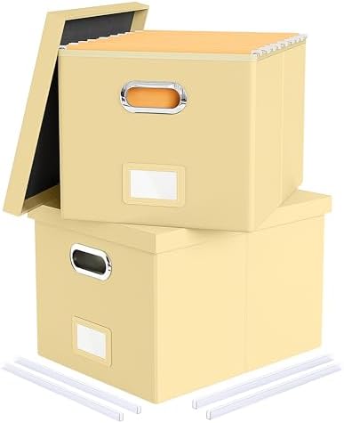 Oterri 2 Pack File Storage Organizer Box, Portable Document Box with Lid,Fit for Letter/Legal File Folder Storage,Cream-yellow(Leather)