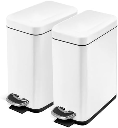 Home Zone Living 2-Pack 1.3 Gallon Small White Bathroom Trash Can with Lid and Step Pedal, Stainless Steel Wastebasket with Slim Design for Home and Office, 5 Liters