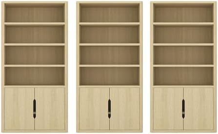 Manhattan Comfort Rivington 79 in Tall Modern Bookshelf with Soft Close Doors, Four Open Shelves and Two Adjustable Shelves, Bookcase Storage Cabinet for Living Room or Office, Set of 3 in Natural Oak
