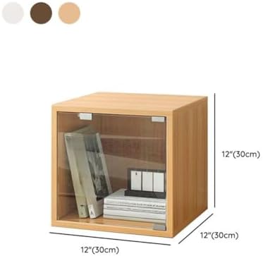 Timber Vertical or Horizontal Organizing Shelf with 1 Cabinet Closed Back Modular Cube Storage Unit, Book Storage Bookshelf, Glass Small Bookcase, Square Grid Cabinet Oak Clear Acrylic Door