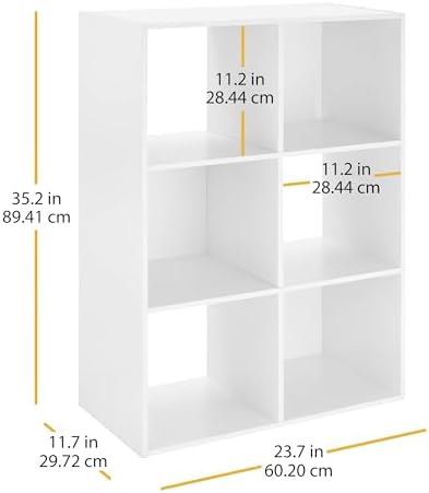 Whitmor 6 Cube Bookcase, 3 Tier Stackable MDF Bookself, Open Storage Display Organizer, Storage Cabinet for Living Room, Bedroom, Home, Office, 23.7" L x 11.7" W x 35.2" H, White
