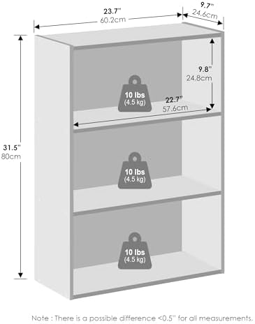 Furinno Simple Book Shelf, 3-Tier Bookshelf, Storage Shelves Bookcase, 9.7 x 23.7 x 31.5, for Living Room, Bedroom, Home Office, Americano
