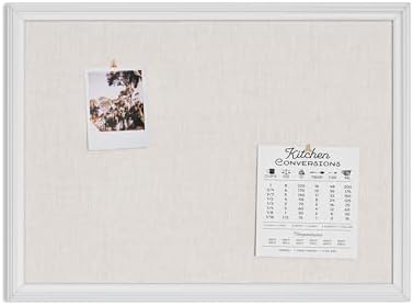 U Brands Bulletin Board, 18 x 24 Inch Linen Fabric Pin Board, Farmhouse White Wood Style Frame, Wall Message Center & Vision Board for Farmhouse Decor, Home Office, Classroom, Includes Push Pins