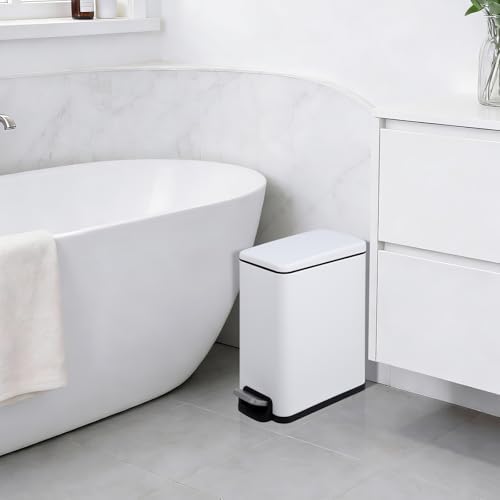PrecisionAuto Slim Bathroom Trash Can with Soft Close Lid, 10 Liter / 2.6 Gallon Stainless Steel Step Garbage Can with Removable Inner Bucket, Narrow Trash Bin for Toilet Bedroom Kitchen, White