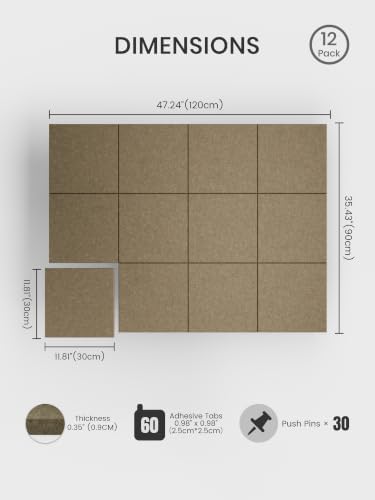 Bumusty Large Cork Board 48" x 36" Alternative - 12 Pack Felt Wall Tiles with 70 Safe Removable Adhesive Tabs, 30 Pushpins, Cork Boards for Walls Pin Board Bulletin Board Office Decor -Earth Brown