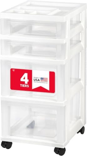 IRIS USA 4-Drawer Rolling Storage Cart, White/Clear