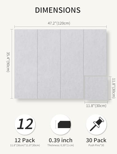 48" x 36" Cork Board Alternative, 12 Pack Felt Bulletin Board Tiles with 30 Adhesive Tabs Wall Push Pin Board for Office Classroom Bedroom Decor
