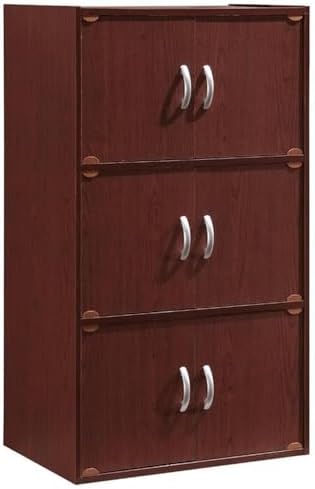 Pemberly Row 3-Shelf 6-Door Wood Bookcase, Mahogany Finish, 41" H x 23.40" W x 15.5" D, Slim Versatile Design, Multi-Purpose for Office, Bedroom, Kids Room, Kitchen or Entryway Storage