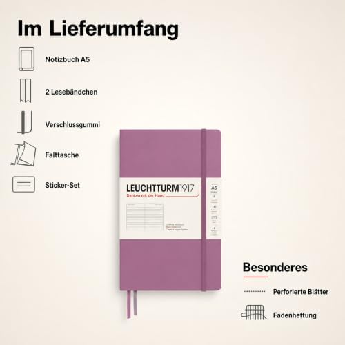 LEUCHTTURM1917 - Notebook Hardcover Medium A5-251 Numbered Pages for Writing and Journaling - Thinking Ahead (Ruled Paper, Dusty Rose)