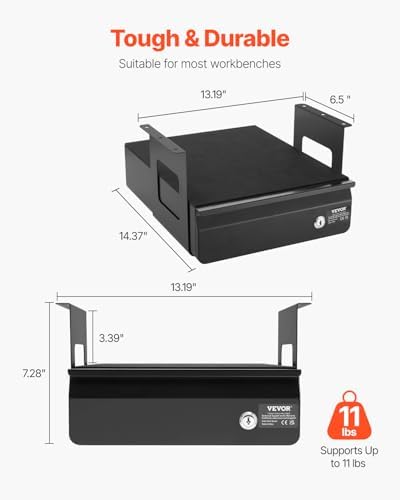 VEVOR Under Desk Lockable Slide Out Drawer, 13 inch Under Desk Pull-out Drawer for Sit Stand Workstation, Secure Under Counter Drawers for Home Office Storage Organizer, Black