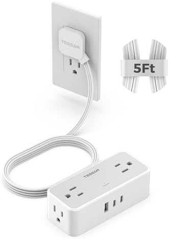 TESSAN Extension Cord 5 FT, Power Strip with 900J Surge Protection, Grey
