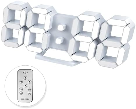 Led Digital Alarm, 3D Wall Clock Desk Auto Dimming 12/24 Hour Date Temperature Home Decor Remote Control Silent Snooze USB Nightlight Bedroom Living Room Kitchen Office 9.7inch Cool White
