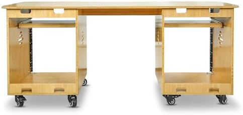 Sound Town Studio Desk Workstation with Dual 13U Side Rack Cabinets, Slide-Out Trays, Casters, for Recording Rooms and Home, Solid Carbonized Bamboo (SDRK-WS69CB)
