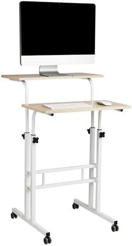 Mind Reader Standing Desk, Adjustable Height Laptop Workstation, Portable Rolling Desk on Wheels, Two-Tier Metal Frame, White