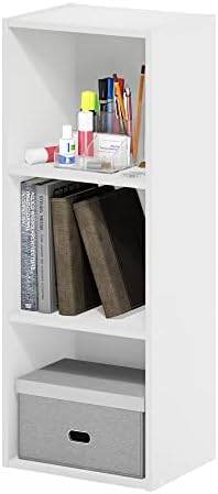 Furinno PASIR Book Shelf, 3-Tier Bookshelf, Easy Assembly Bookcase with Open Shelves, 9 x 12 x 32, for Living Room, Bedroom, Home Office, Plain White