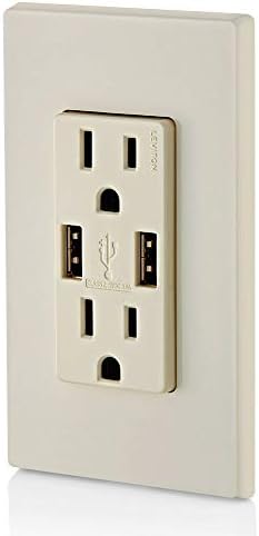 Leviton T5632-T Type-A USB in-Wall Charger with 15A Tamper-Resistant Outlet, USB Charger for Smartphones, Light Almond