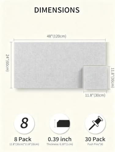 48" x 24" Cork Board Alternative, 8 Pack Felt Bulletin Board Tiles with 30 Adhesive Tabs Wall Push Pin Board for Office Classroom Bedroom Decor