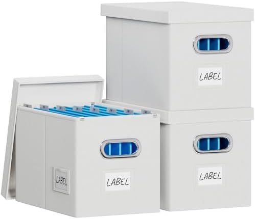 FHSQX 3Pack File Box with Lid, White, 14 x 9.3 x 10.9 in | File Organizer Box, Portable Hanging File Box, Decorative Filing Storage Boxes, For Office & Home File Cabinet