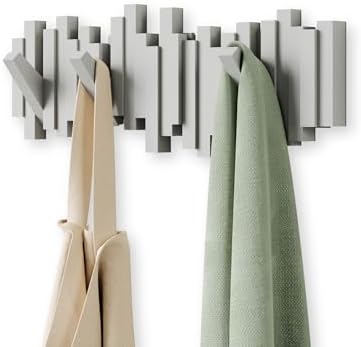 Umbra Sticks Wall Mount Coat Rack, 5 Hook Retractable Pegs, Grey