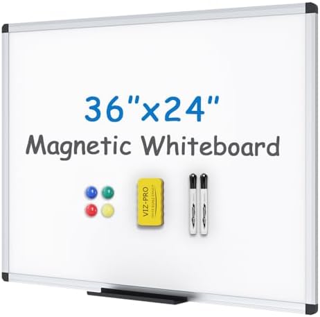 VIZ-PRO Magnetic Whiteboard/Dry Erase Board, 36 X 24 Inches, with 1 Eraser & 14 Markers & 4 Magnets