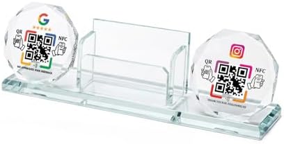 Dual Social Media Crystal Stand with Built-In Business Card Holder & NFC/QR Tech - No App Needed, One-Time Purchase, Lifetime Promotional Desktop Decor for Business (Display GG+ins)