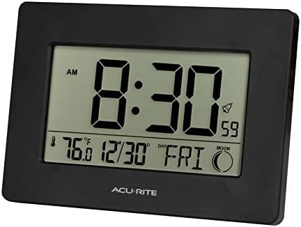 AcuRite Wireless Digital Wall/Tabletop Clock with 4 Interchangeable Plastic Frames - Stainless Steel, Bamboo, Matte Black, and Matte White – with Date, Indoor Temperature, and Moon Phase (75439)