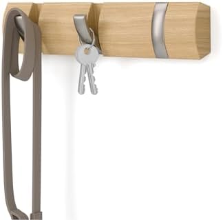 Umbra Flip Coat Rack, Wall Mount Retractable Hooks, 3-Hook, Natural/Nickel
