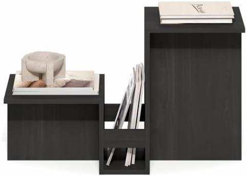 Furinno BOYATE Valley-Shaped Side Table with Open Shelf, Espresso | Compact, Narrow, Tiered Levels and Magazine Rack, High-Low Tabletop, End Table, for Living Room, Bedroom