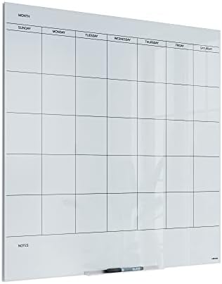 U Brands Glass Dry Erase Calendar Whiteboard, 36" x 36", Non-Magnetic White