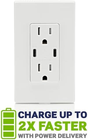 Leviton 60W (6A) USB Dual Type-C/C Power Delivery in-Wall Charger with 15A Tamper-Resistant Outlet, USB Charger for Smartphones, Tablets, Laptops, T5636-W, White