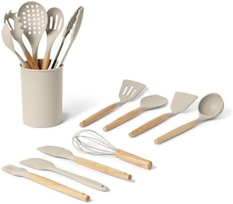 Amazon Basics Silicone Cooking Utensils Set with Wooden Handle, 14-Piece, BPA-Free, Utensil Holder Included, Linen Gray
