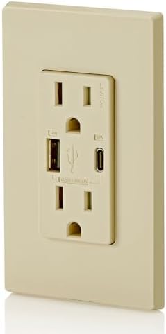 Leviton T5634-I 60W (20V@2.5A+ 5V@2A) USB Dual Type A/Type-C Power Delivery in-Wall Charger with 15A Tamper-Resistant Outlet, USB Charger for Smartphones, Tablets, Laptops, Ivory